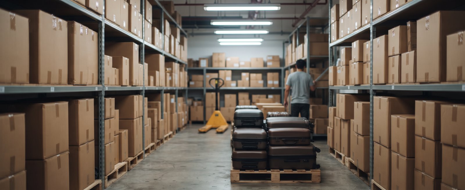 Warehouse aisle stacked with luggage and travel goods cartons in Singapore