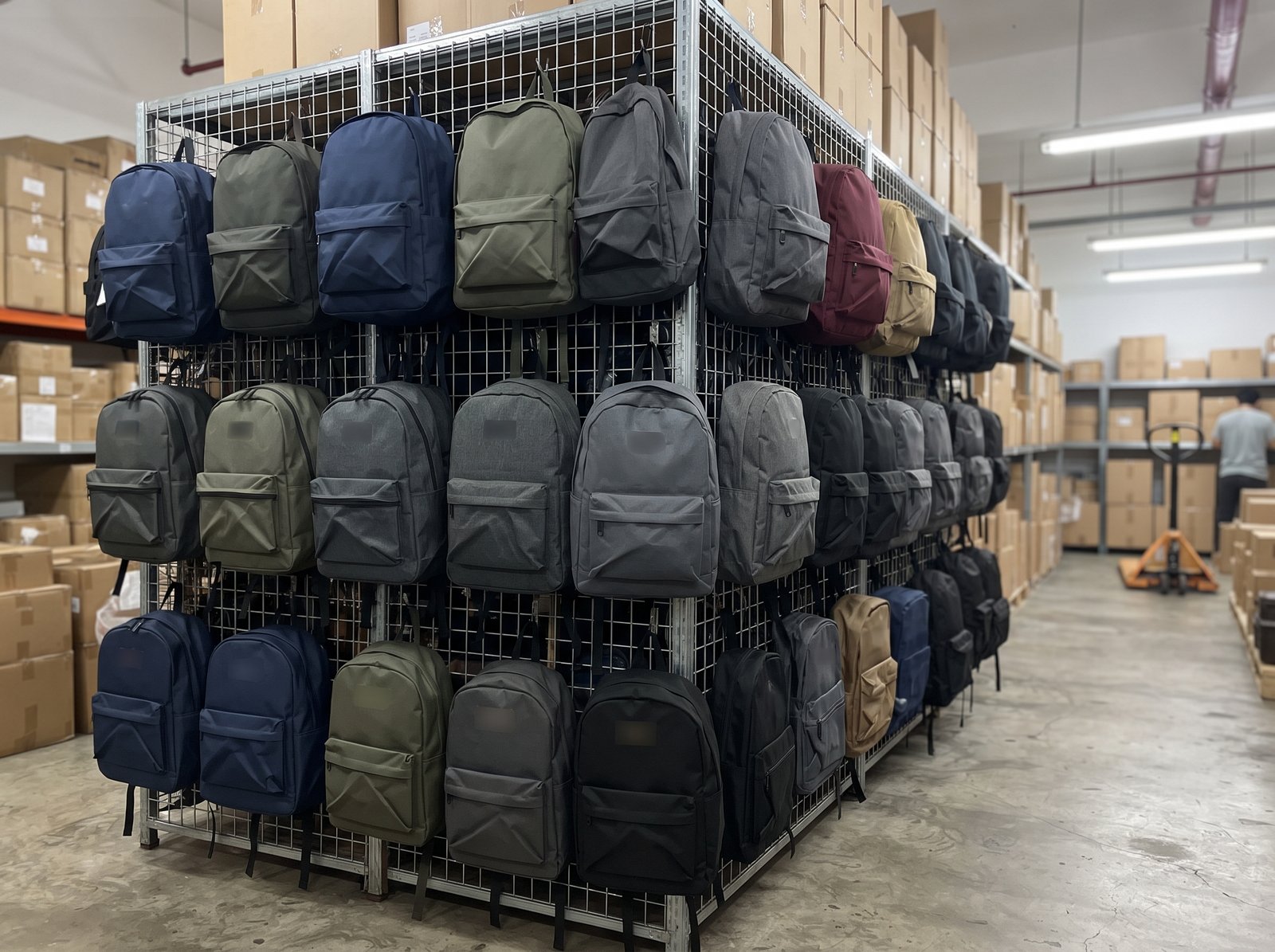 Backpacks and daypacks displayed on a warehouse rack