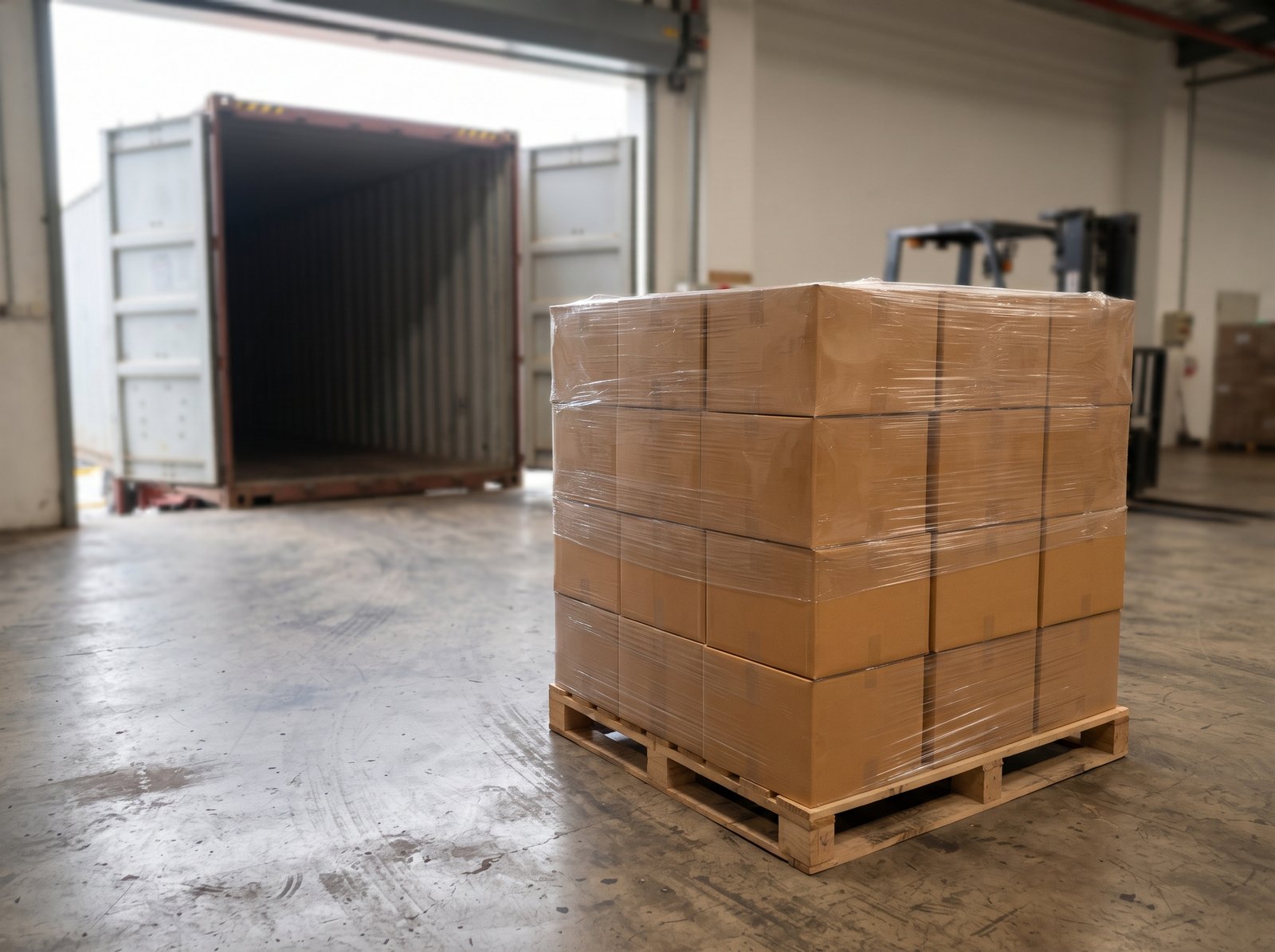 Cartons stacked on a pallet ready for container loading