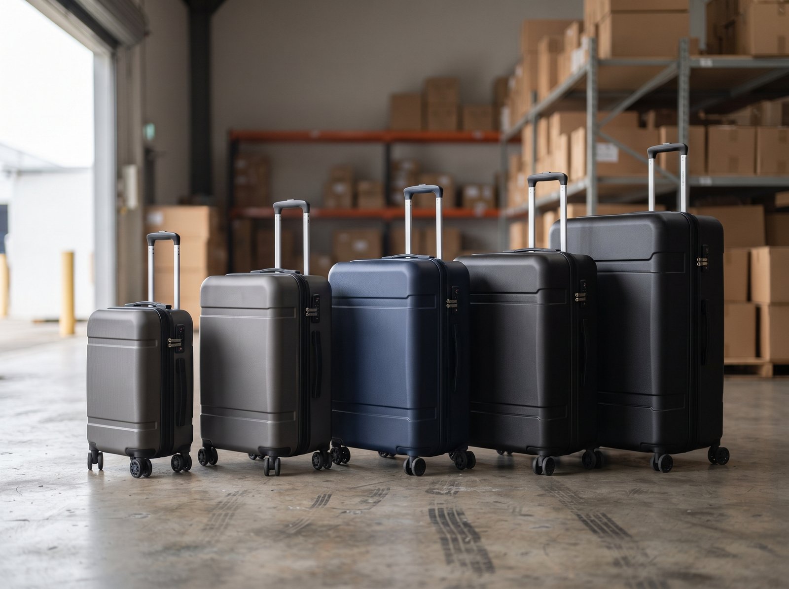 Hardcase spinner suitcases lined up in a Singapore wholesale warehouse