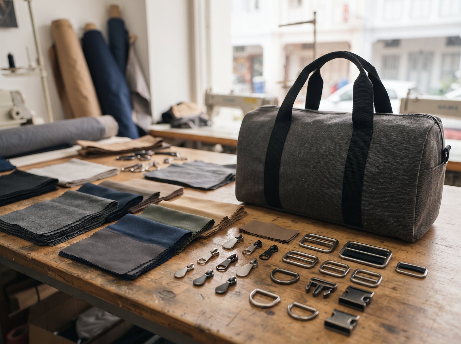 Fabric swatches, hardware samples and a sample bag on a table