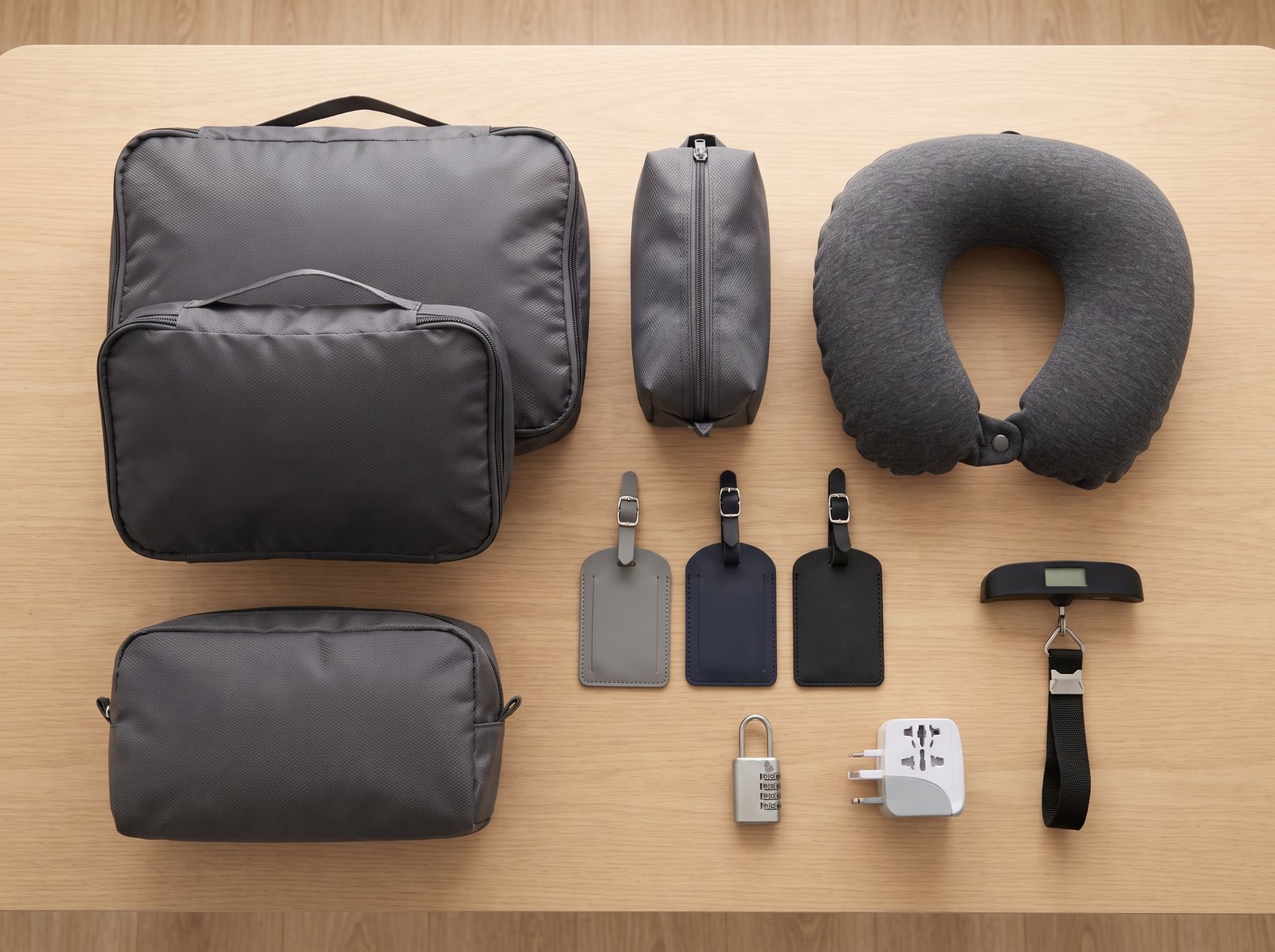 Flat lay of packing cubes, luggage locks and tags