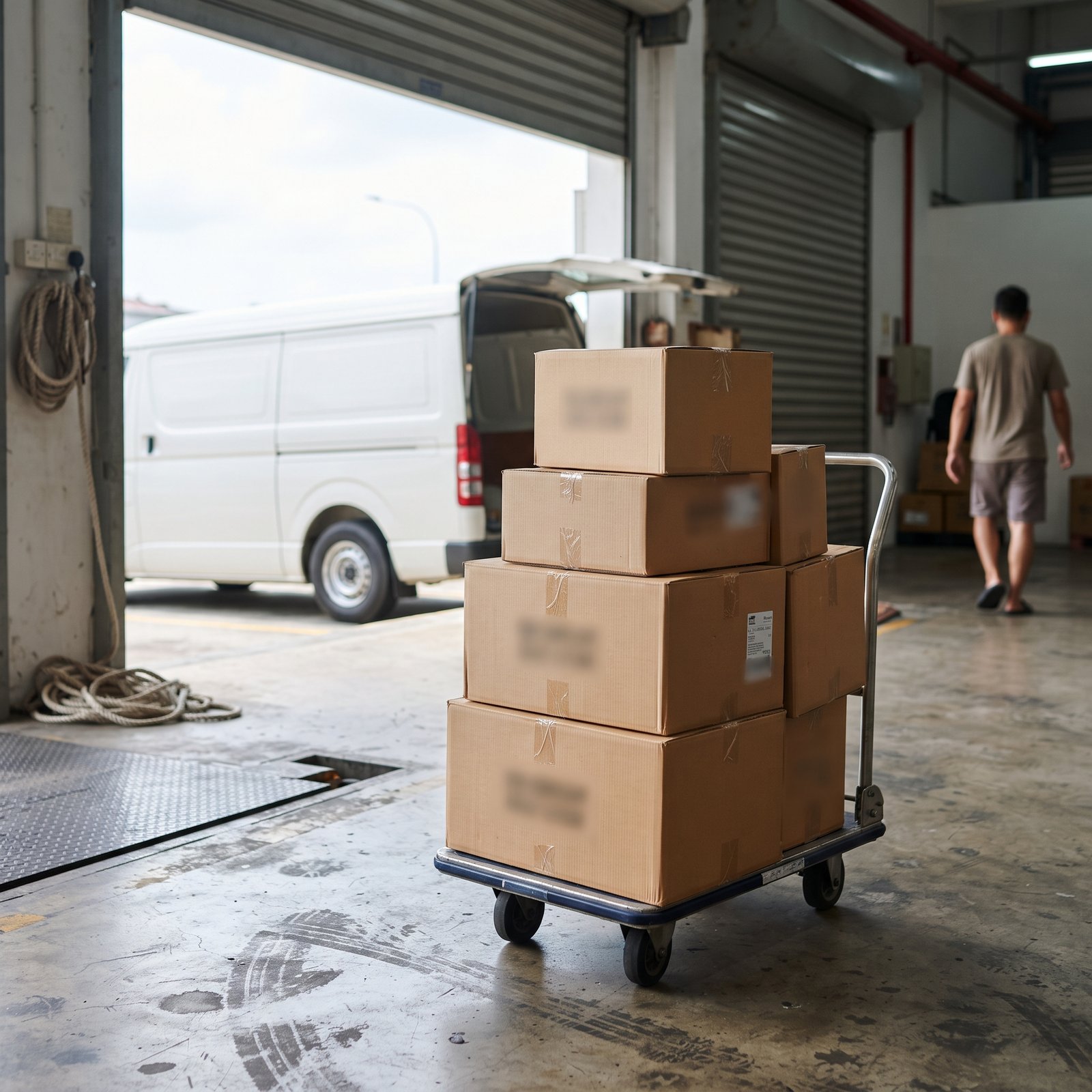 Cartons of luggage ready for despatch on the loading bay