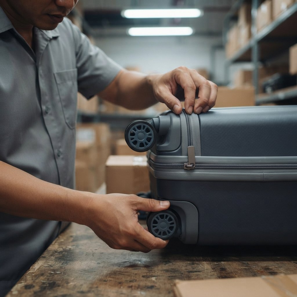 Staff inspecting luggage zips and wheels for quality control